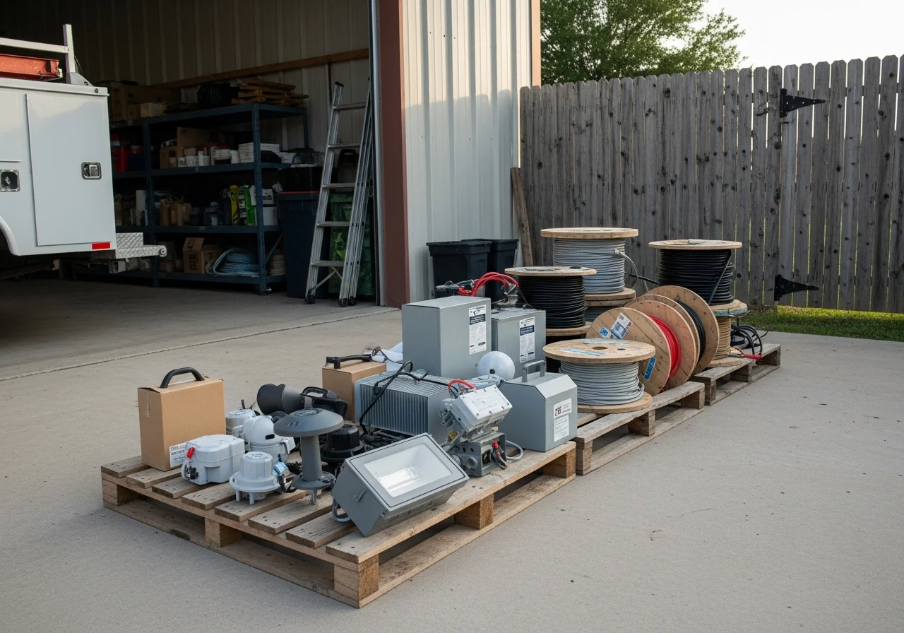 Professional lighting installation crew with tools and equipment ready for outdoor landscape and accent lighting projects.