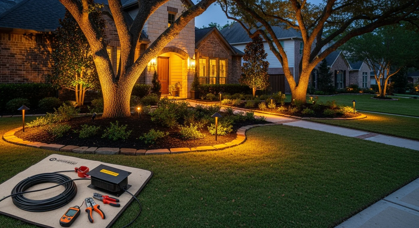 Professional outdoor lighting installation on residential home exterior