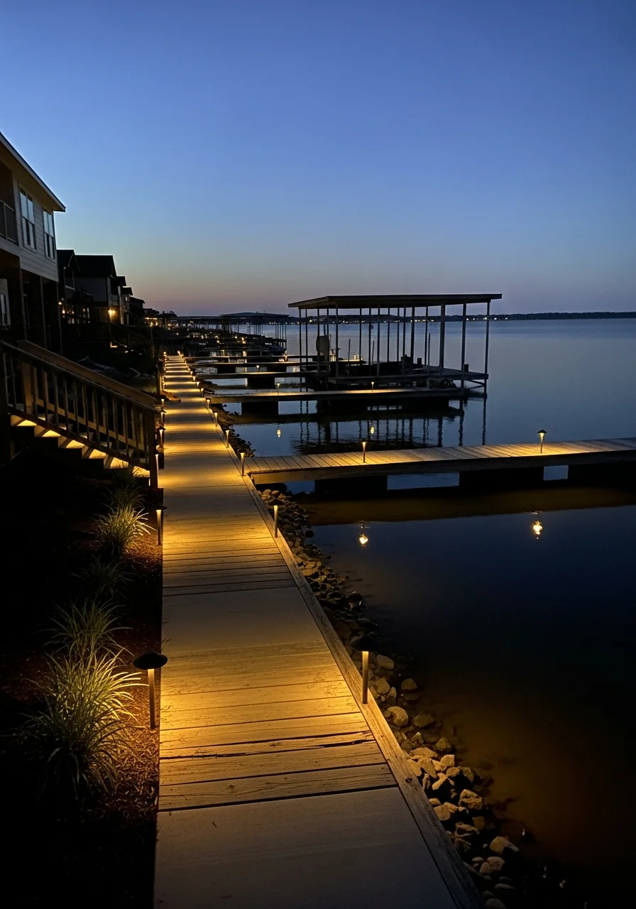 Lake Houston shoreline visible from Atascocita South residential neighborhood with evening outdoor lighting