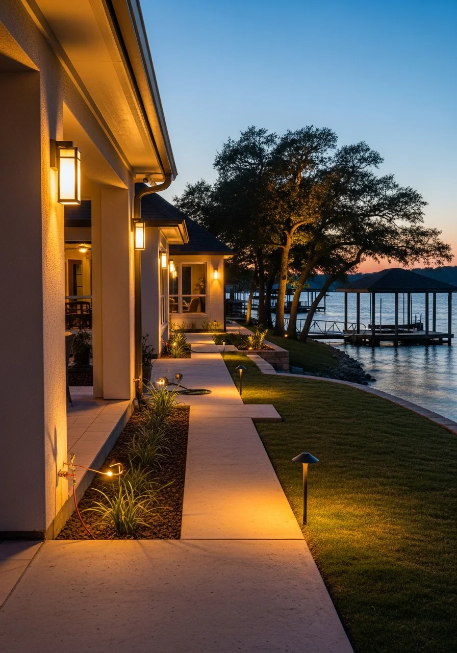 Lake Houston waterfront view in Atascocita with professional outdoor lighting on residential property
