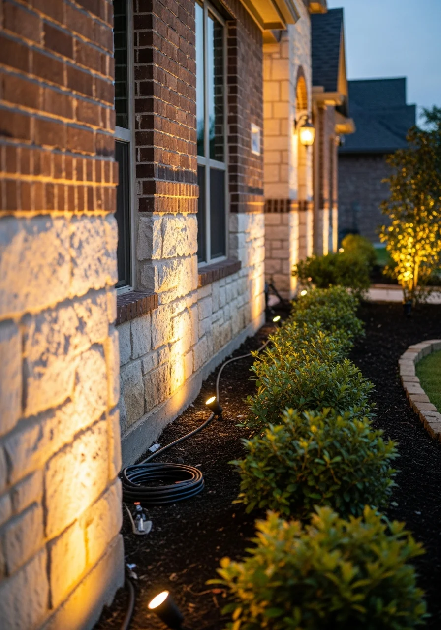 Professional lighting installation crew working on exterior home lighting in Bammel neighborhood