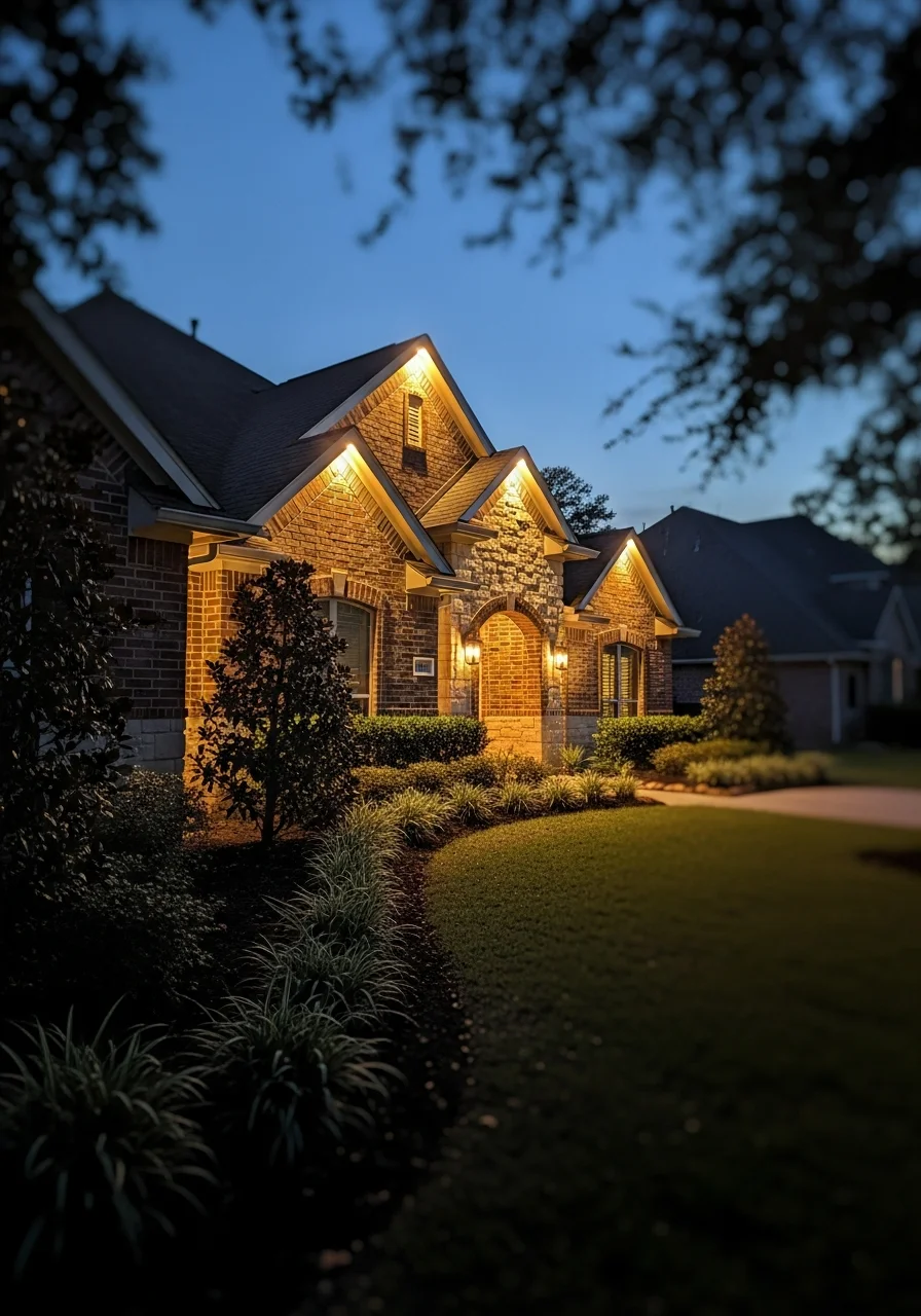 Accent lighting installation on Cloverleaf home exterior highlighting architectural features