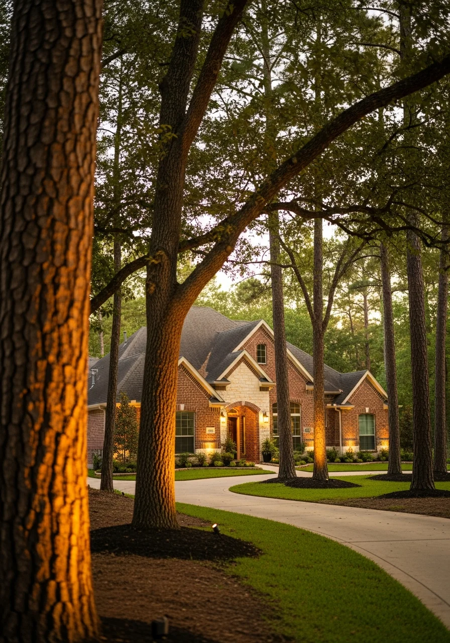 A Conroe home's front exterior with mature trees and well-maintained grounds.