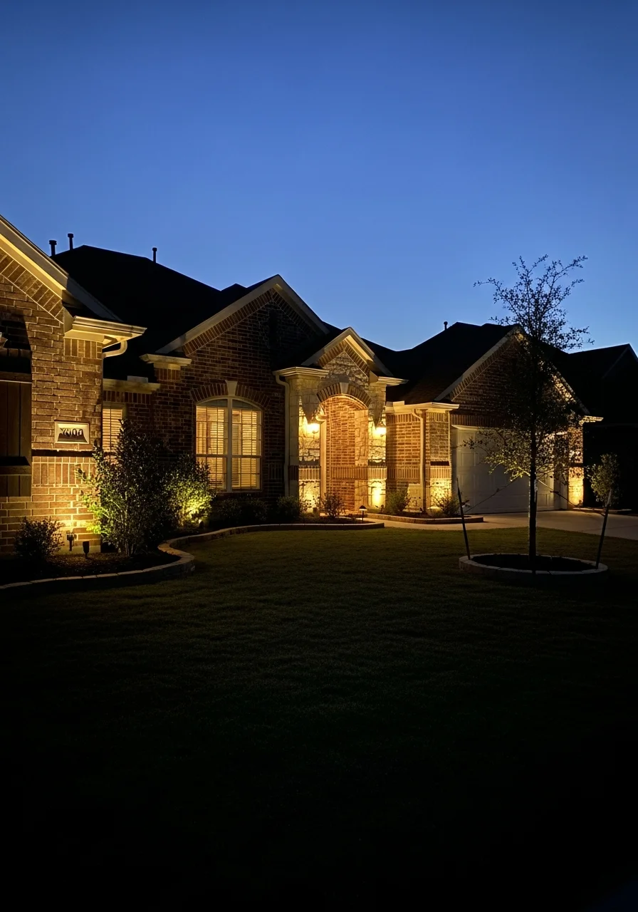 Outdoor accent lighting installation on a Crosby home exterior at dusk