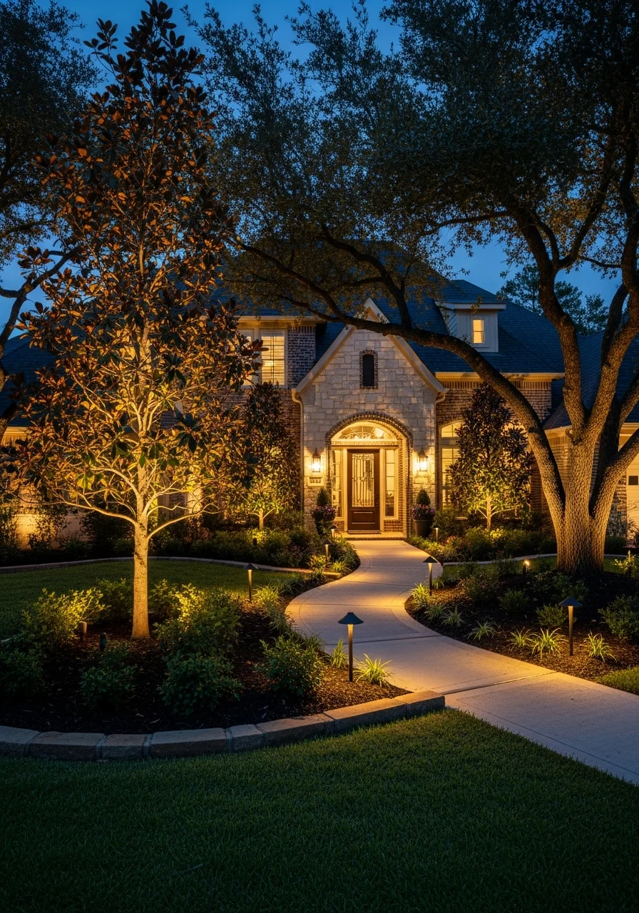 Professional outdoor landscape lighting installed on residential property in Greater Greenspoint area