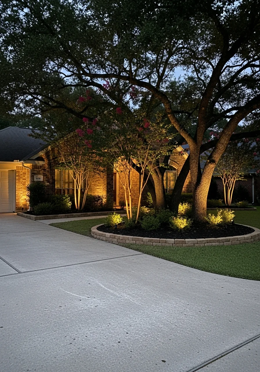 Landscape accent lighting highlighting trees and garden features in Humble residential yard