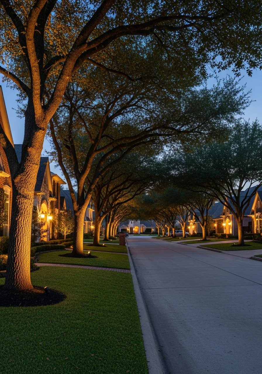 Tree-lined street in Hunters Creek Village at dusk with elegant outdoor lighting along residential properties