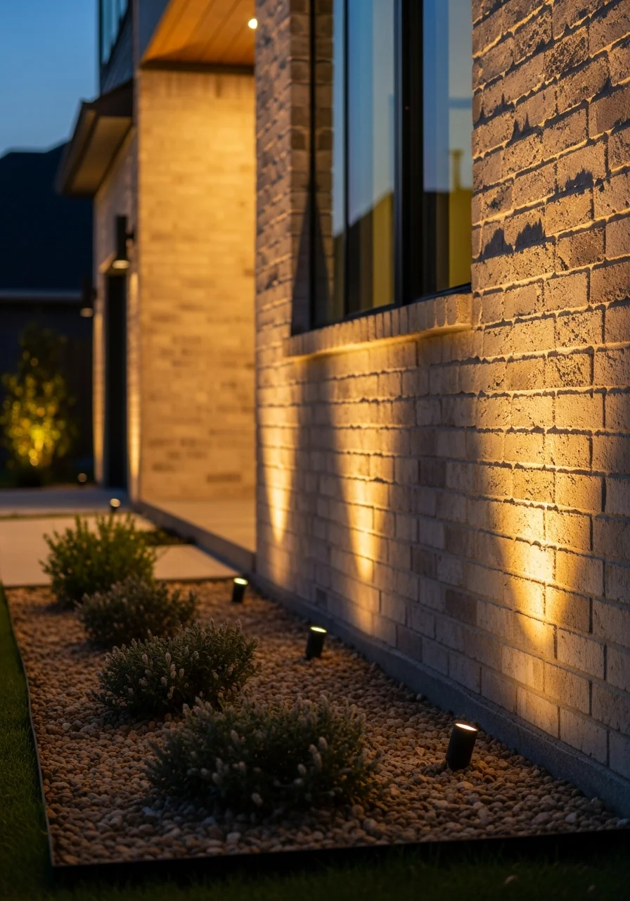 Close-up of landscape lighting installation highlighting architectural details of Jacinto City home