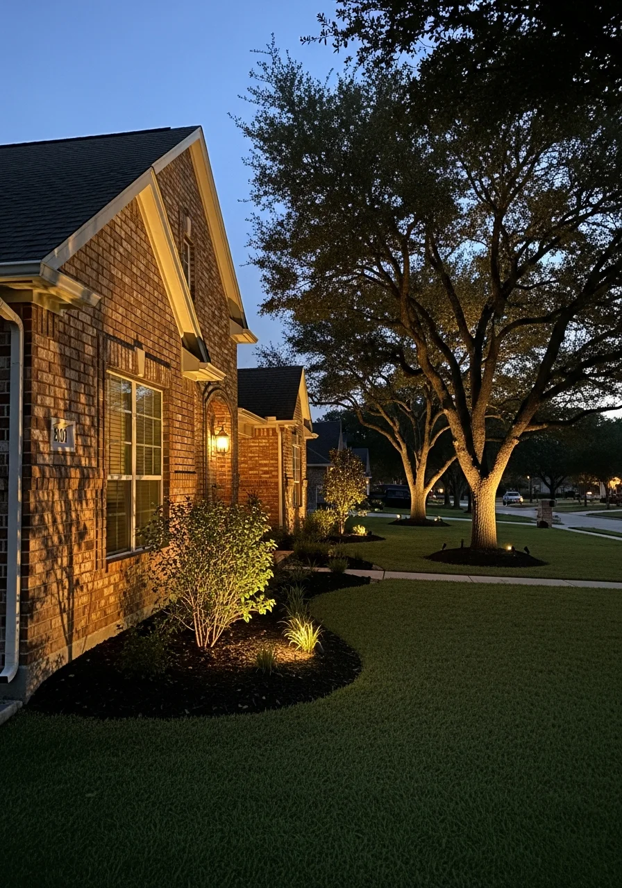 Professional outdoor landscape lighting installation on Jersey Village home exterior