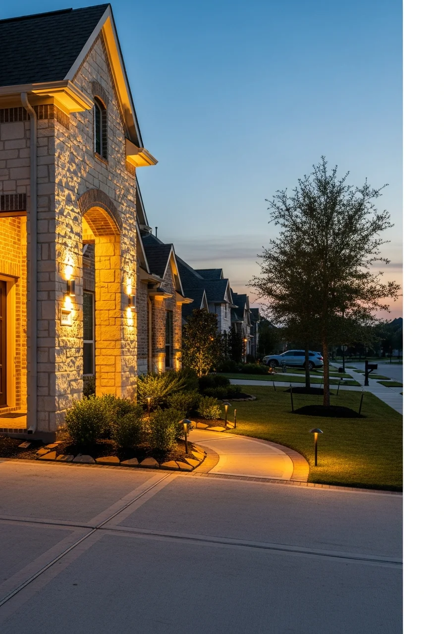 Professional accent lighting highlighting architectural features of a Katy suburban home exterior