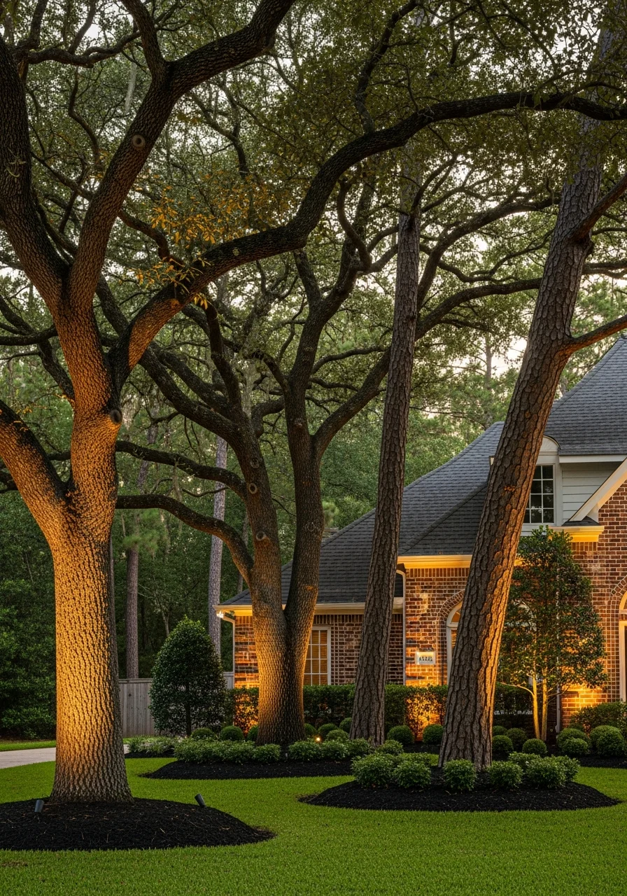 A Kingwood home exterior surrounded by wooded landscaping and mature trees.