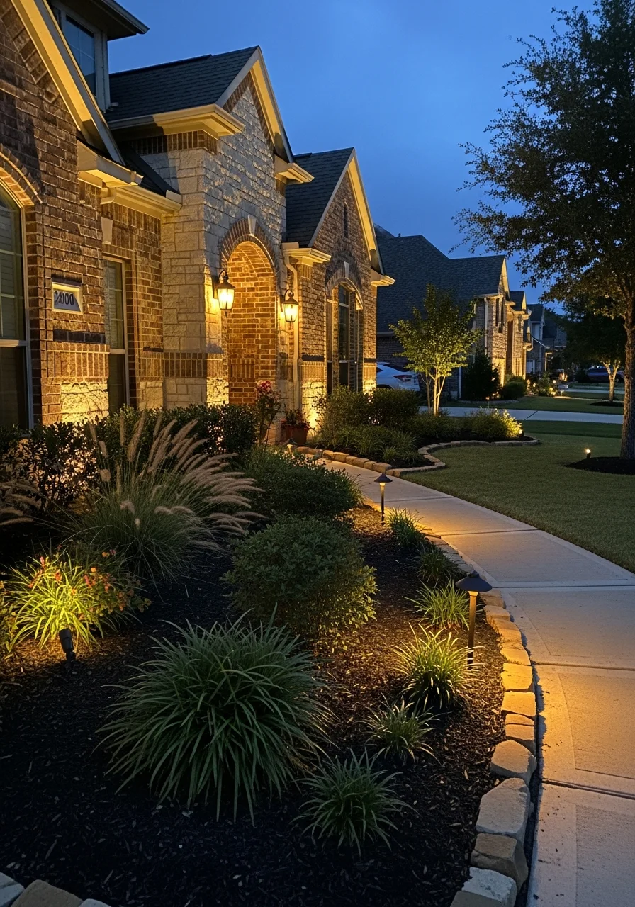 Professional outdoor landscape lighting installation on Klein home exterior