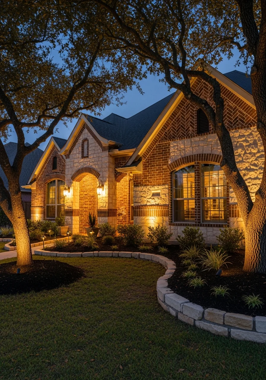 Professional outdoor landscape lighting installation on New Caney home exterior