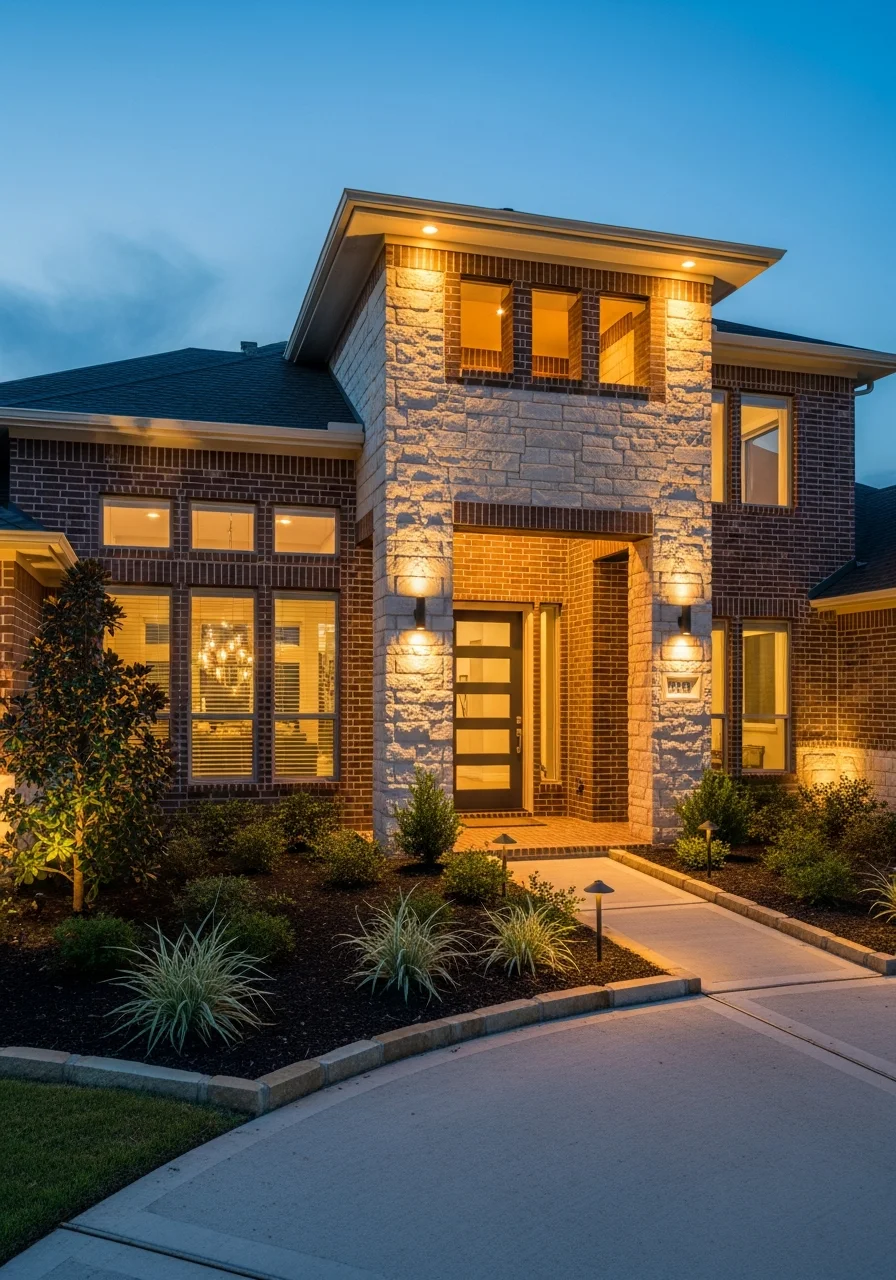 Modern outdoor lighting installation on North Houston home entrance with accent lighting highlighting architectural features