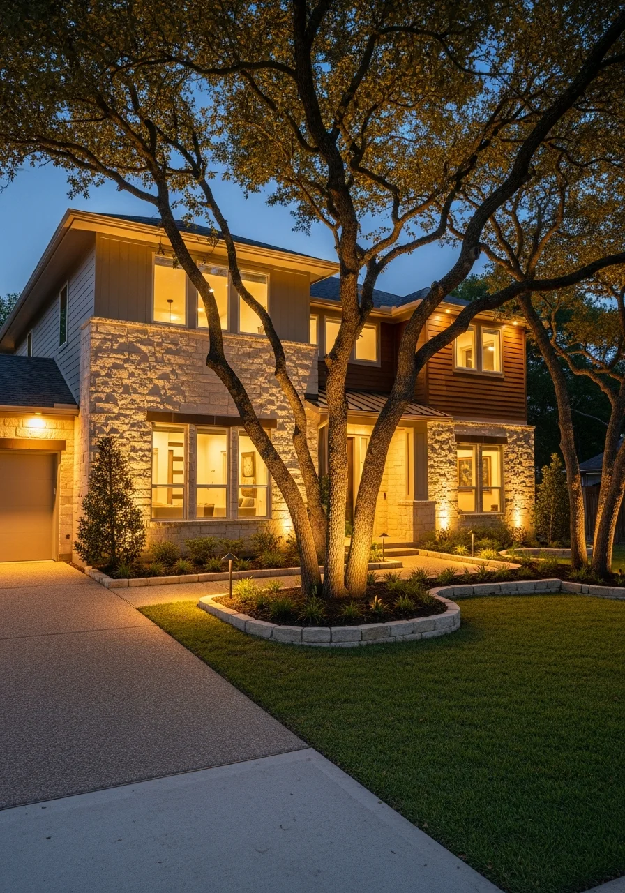 Professional outdoor lighting installation on modern home exterior in Oak Ridge North neighborhood