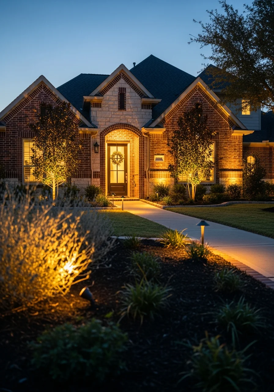 Illuminated front yard entrance of Porter Heights home with accent lighting highlighting landscaping and architectural features