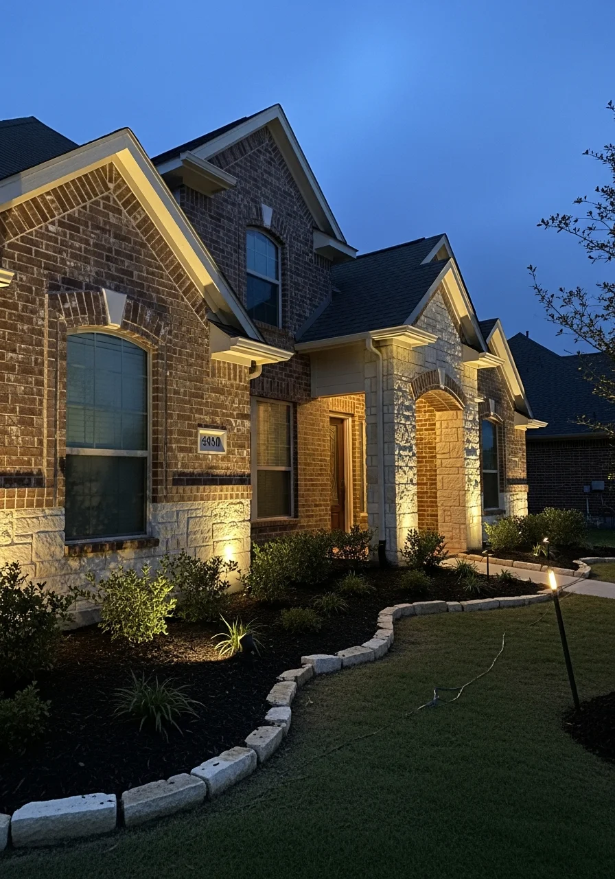Professional accent lighting installation highlighting architectural features on a Porter residential property