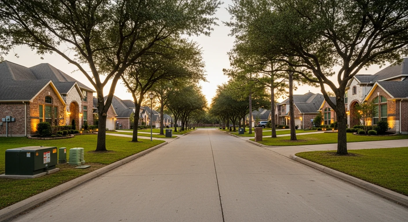 A Spring residential street lined with mature trees and newer suburban homes on a clear day.