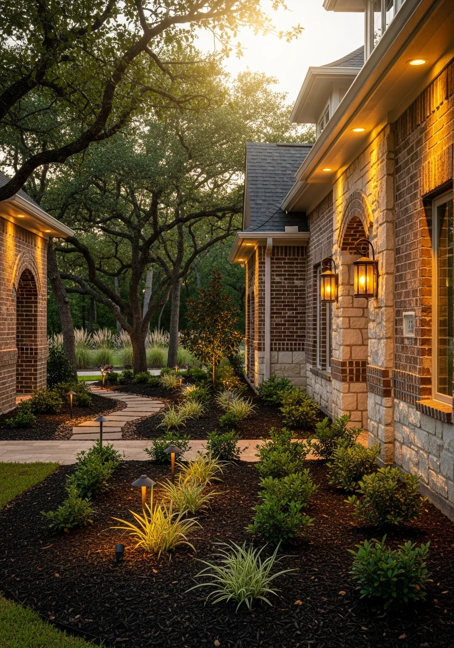 An upscale Woodlands home exterior showcasing architectural detail and professional landscaping.