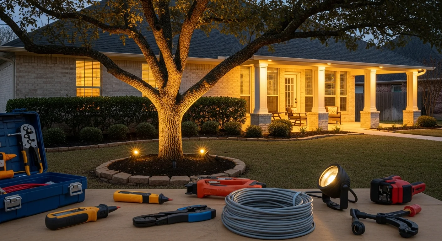Exterior of a single-family home in Spring, TX with accent lighting illuminating the roofline, front columns, and landscaping at night. Low-voltage LED fixtures highlight the architectural details without visible wiring or glare.