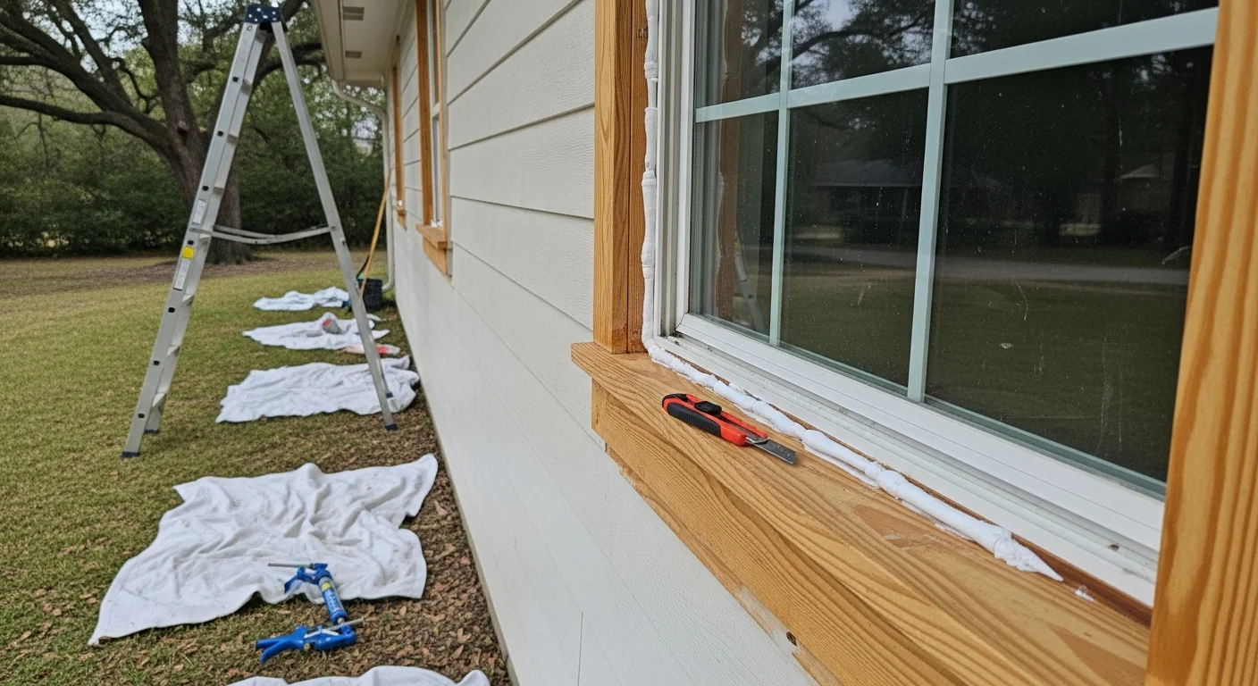 A handyman repairing rotted exterior door trim and recaulking a window frame on a residential home in Spring, TX. Close-up shows fresh caulk applied along the window surround with repaired painted wood trim below.