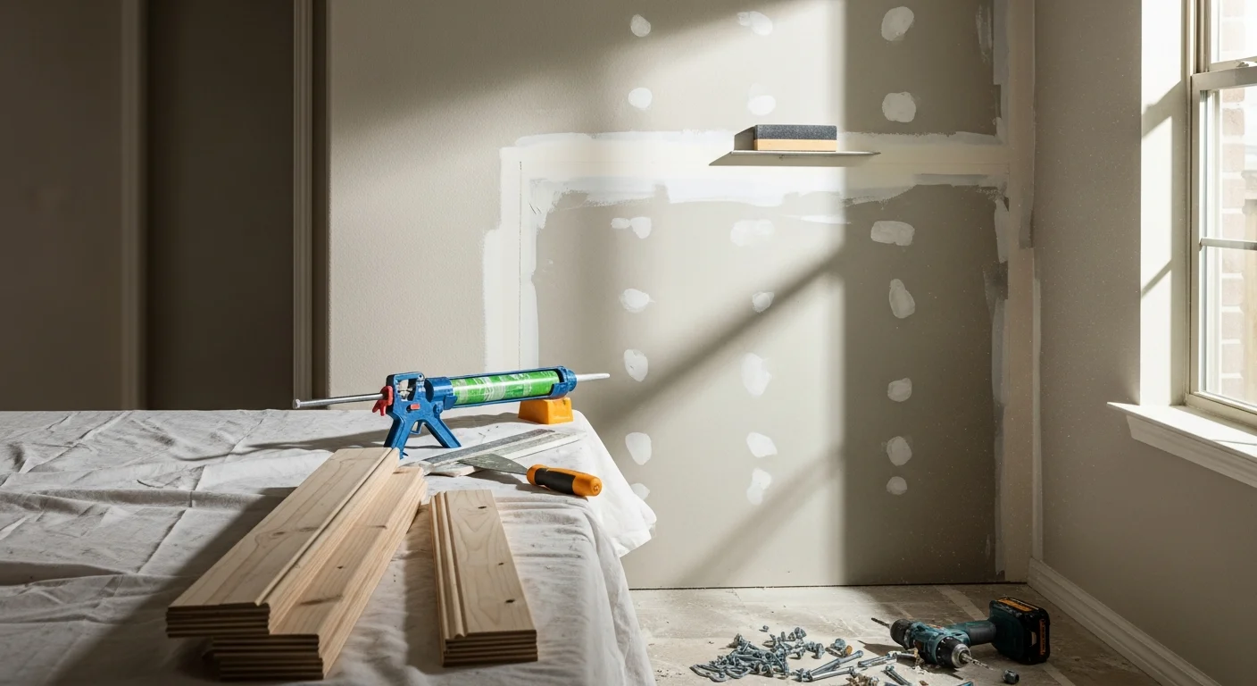 A handyman completing interior drywall and trim repairs inside a single-family home in Spring, TX. Finished walls and replaced door trim are visible in a clean, well-lit residential room.
