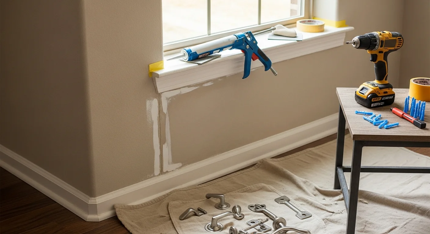 A handyman from RL & G Lighting repairing a worn door frame inside a single-family home in Spring, TX. Tools and patching materials are visible on a work mat in the foreground.
