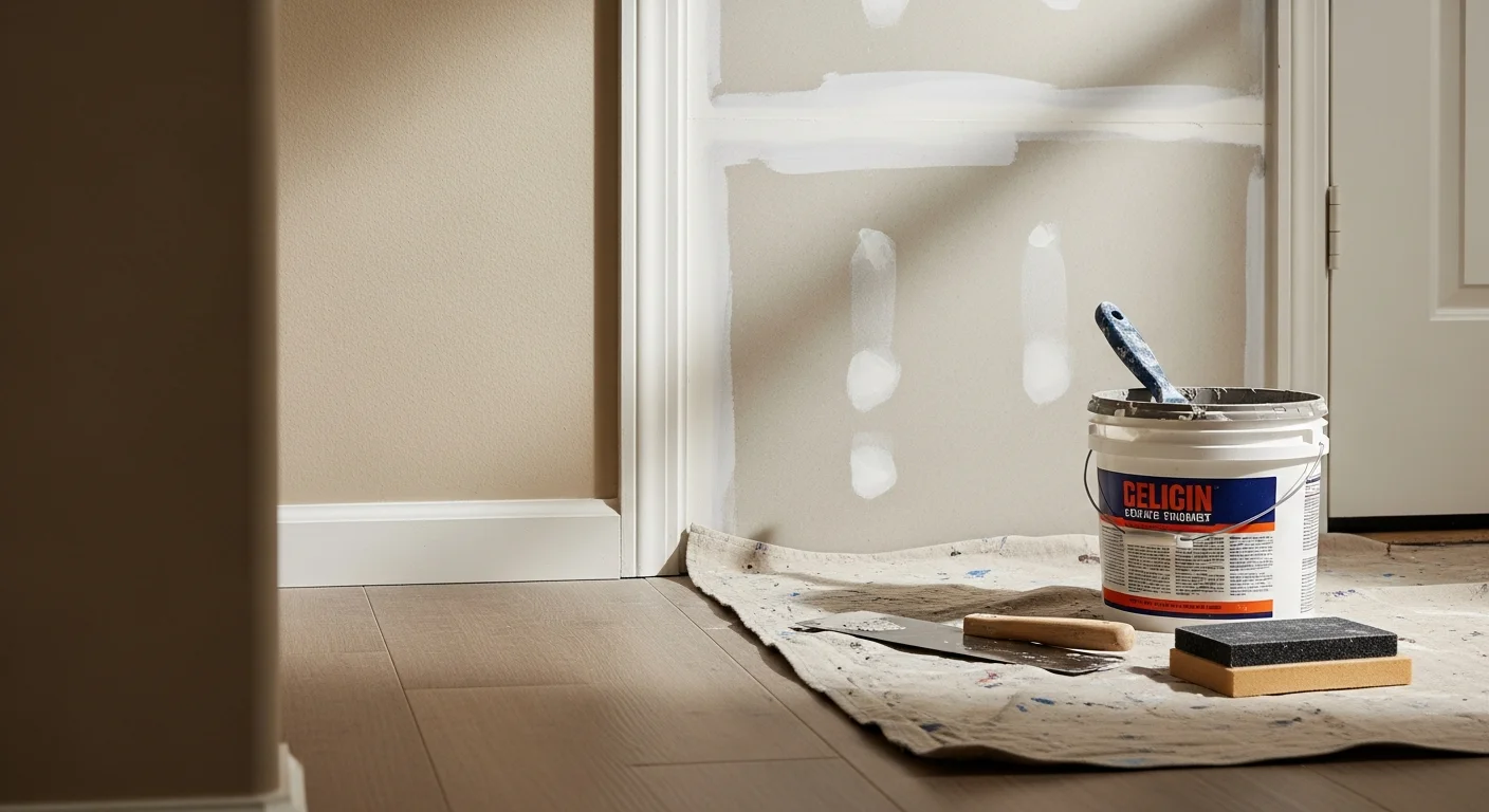 A freshly patched and painted interior wall inside a single-family home in Spring, TX, showing a smooth, even surface after drywall repair. A handyman's tools rest on a drop cloth in the foreground near a repaired door frame.