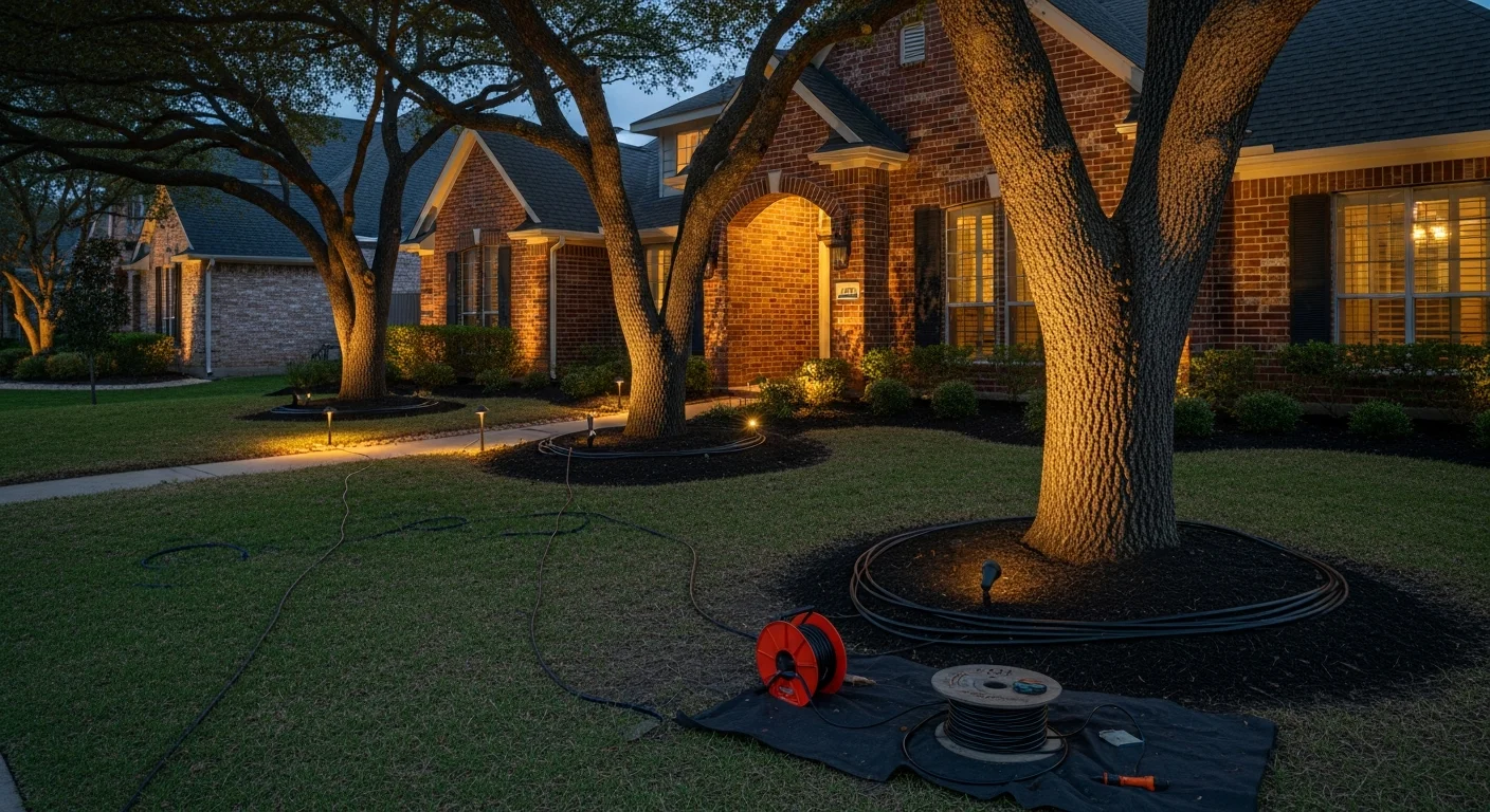Professionally installed landscape lighting illuminating the front yard, brick facade, and pathway of a residential home in Spring, TX at night. Warm-toned uplights accent mature trees and the home's exterior while low-profile pathway fixtures line the walkway to the front entry.
