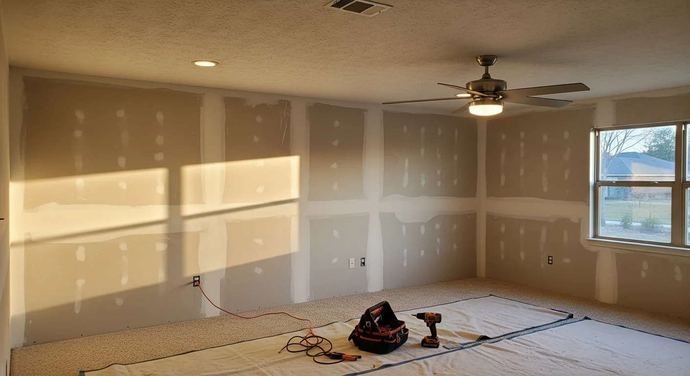 A Spring, TX homeowner's interior room showing a newly installed ceiling fan and freshly patched drywall with clean paint. The space reflects completed minor home improvement work typical of mid-age suburban homes in the Spring area.