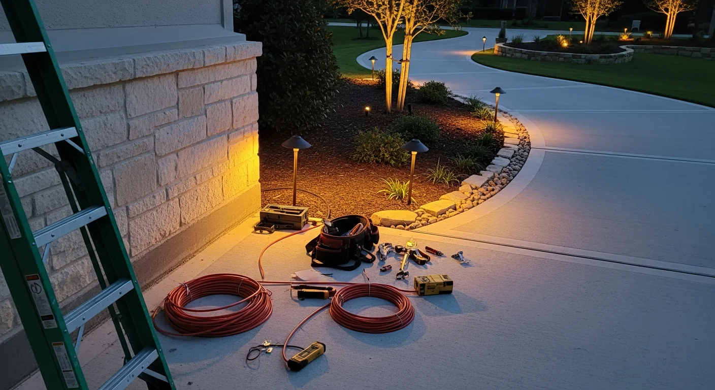 Upgraded outdoor lighting installed along the front walkway and driveway of a residential home in Spring, TX, with warm-toned fixtures illuminating the entryway and landscaping after dark. The exterior shows even light coverage across the facade with no visible dark gaps along the pathway.
