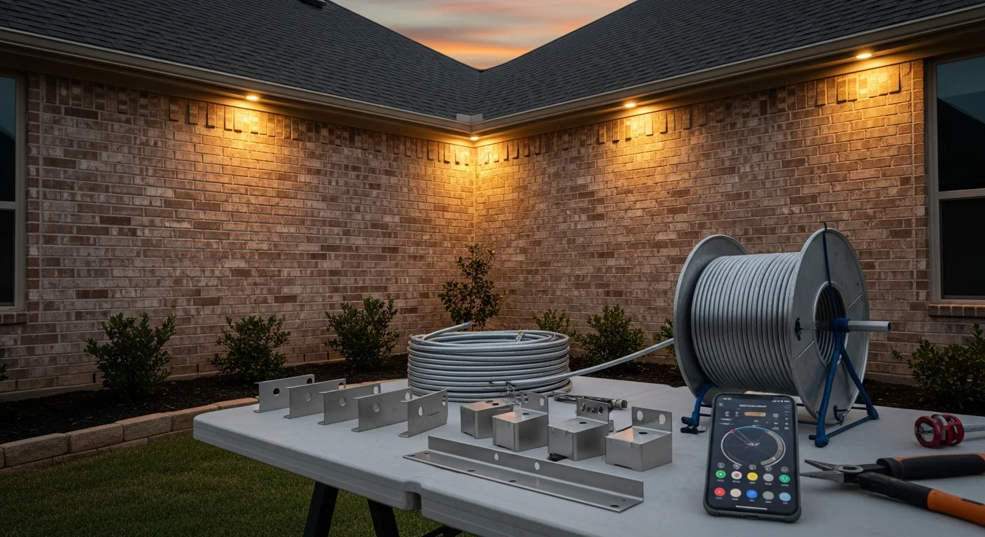 Permanent LED outdoor lighting installed along the roofline and eaves of a two-story residential home in Spring, TX. The fixtures illuminate the home's architectural features against a dark evening sky.